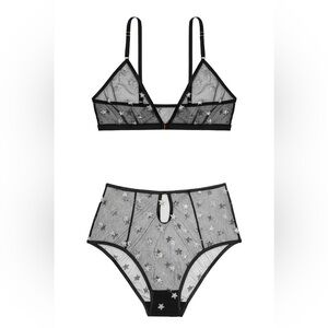 New Le Petit Trou Set Black Sheer Silver Star Embellished Lingerie Set